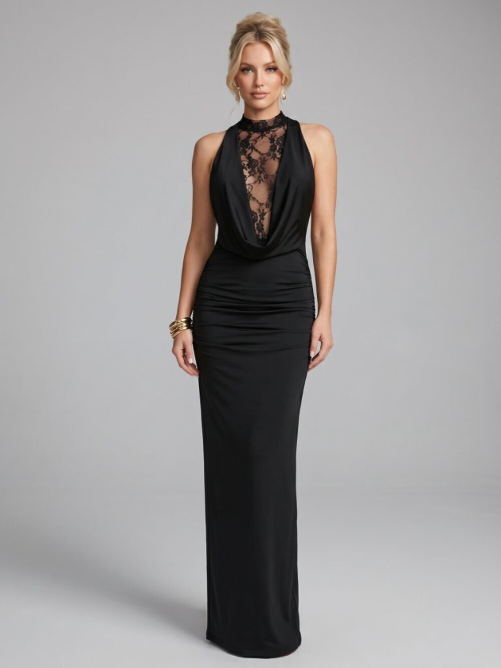 Women's Black Lace Maxi Dress Mock Neck Bodycon Sheer Evening Party Gown